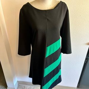 Taylor brand dress asymmetrical, geometric stripes black green sz 18 good cond